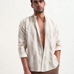 SHOWOFF Men Comfort Slim Fit Band Collar Vertical Striped Cotton Casual Shirt-picture-14