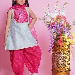 Little Bansi Girls Floral Embroidered Cotton Silk Straight Kurta with Salwar & Dupatta-picture-30