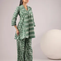 JISORA Printed V-Neck Pure Cotton Tunic With Palazzo Co-Ords image 2