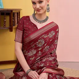 Mitera Floral Printed Zari Kanjeevaram Saree with Blouse Piece image 2