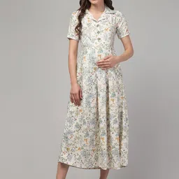 Zuvino Women Floral Printed Linen Maternity Fit & Flare Midi Dress-picture-10
