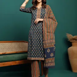 BANDIA Women Floral Printed Regular Sequinned Pure Cotton Kurta with Trousers & With Dupatta-picture-10