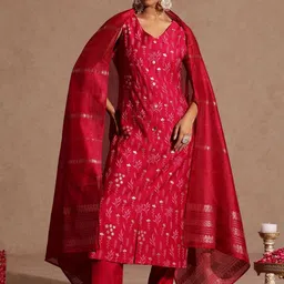 Janasya Women Floral Embroidered Regular Kurta with Trousers & With Dupatta-image-31