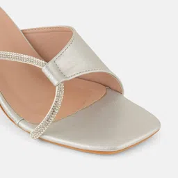 DressBerry Women Silver Toned Stone Embellished Open Back Block Heels image 3