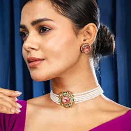 Niscka Gold-Plated Stone-Studded & Pearl-Beaded Jewellery Set image 2