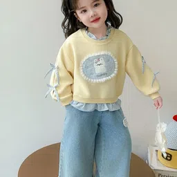 LULU & SKY Girls Graphic Self Design Round Neck Bow Accent Long Sleeves Sweatshirt image 3