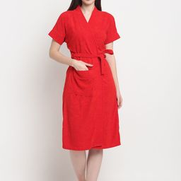 Creeva Everyday Collection Red Terry Cotton Front Pocket Bath Robe-picture-7