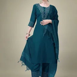 C J Enterprise Women Ethnic Motifs Embroidered Regular Thread Work Kurta with Trousers & With Dupatta-picture-12