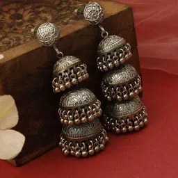 VIVAZS Silver-Plated Stone Studded & Beaded Dome Shaped Oxidized Jhumkas-picture-28