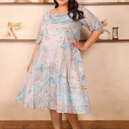 Indietoga Women Plus Size Abstract Marble Print Square Neck Cotton A-Line Dress-picture-24