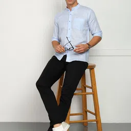 ELLIPSE Men Solid Mandarin Collar Linen Casual Shirt image 2