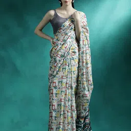 Sangria Geometric Printed Mirror Work Saree-image-18
