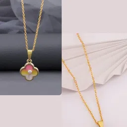 SZN Set Of 2 Gold-Plated Pearls Studded Floral Shaped Enamelled Pendants With Chains-picture-16