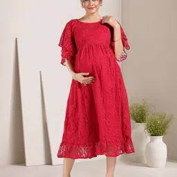 MomsBae Women Self Design Embroidered Flutter Sleeve A-Line Sorbet Lace Dress-picture-21