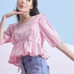 Stylo Bug Puff Sleeve Cotton Cinched Waist Top image 3