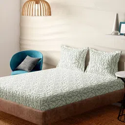 Portico Green & White 300 TC Queen Bedsheet with 2 Pillow Covers-image-36