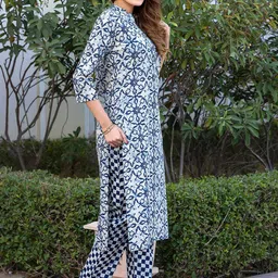 KALINI Women Floral Printed Regular Pure Cotton Kurta with Trousers & With Dupatta image 5