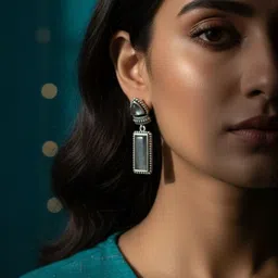 Urbalaa Silver-Plated Artificial Stones Studded Rectangle Shaped Drop Earrings image 3