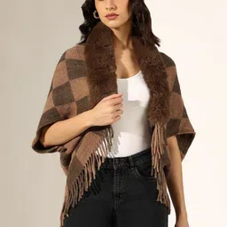 SHOWOFFFF Women Checked Poncho with Fringed Detail image 4