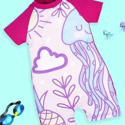 KiddoPanti Girls Printed Round Neck Half Sleeve Swim Legsuit-picture-15