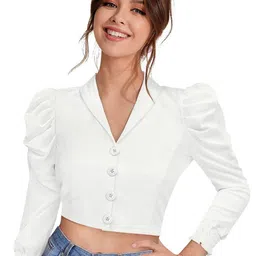 SS Sanket Synthetics Women Self Design Solid Puff Sleeve Layered Crop Top-picture-14