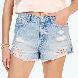 LOVEGEN Women Pure Cotton Light Blue Ripped Shorts-picture-30
