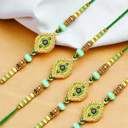 ADIVA Set Of 4 CZ Studded & Beaded Thread Rakhis With Pooja Thali & Roli Chawal-picture-18