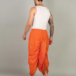 Shyam handloom Mens Orange Colour Panjakejam Readymade Golden Zari Border Dhoti Free size Silk Striped, Solid, Embroidered Men Dhoti image 2