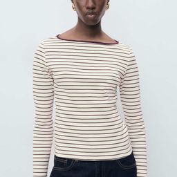 MANGO Boat Neck Striped Pure Cotton T-shirt-picture-41