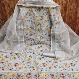 Kalini Women Light Grey Organza Sequence Unstitched Dress Material with Dupatta image 3