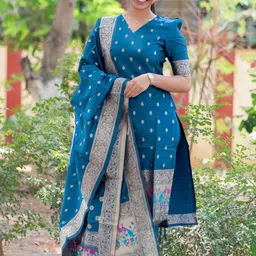 KALINI Women Ethnic Motifs Regular Chanderi Silk Kurta with Trousers & With Dupatta-picture-28