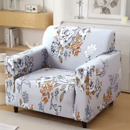 HOKIPO Gentle Grey Dahlia Print 5 Seater Fully Covered Stretchable Sofa Cover image 3