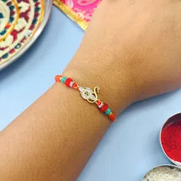 tipsy closet Om American Diamond Swan Accent Handmade Rakhi Traditional Stone Studded & Beaded Thread Rakhi for Brother image 4