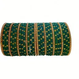 LLL FASHION Set Of 10 Green Glass Artificial Stones Bangle image 2