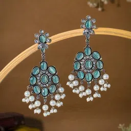 NAMAN ARTS Silver-Plated Artificial Stones and Beads Oxidised Contemporary Drop Earrings-picture-23