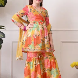 Indi-Loom Couture Girls Floral Printed Angrakha Kurta with Sharara & With Dupatta image 3