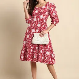 KALINI Floral Printed Pure Cotton Puff Sleeve Fit and Flare Midi Dress image 1