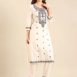 Anouk Women Floral Embroidered Cotton Kurta with Trousers & Dupatta image 4