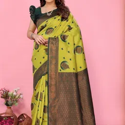 WOVENSTOCK Women Ethnic Motifs Woven Design Zari Kanjeevaram Saree-image-0