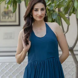 Jaipurite Women Georgette Halter Neck Tiered Maxi Dress image 5