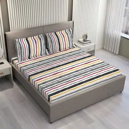 Layers White & Grey Striped 220 TC King Bedsheet with 2 Pillow Covers-picture-13