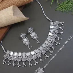 I Jewels Silver Plated Oxidised Mirror Work Jewellery Set-picture-20
