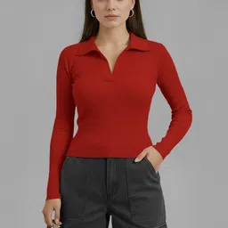 Dream Beauty Fashion Women Ribbed Shirt Collar Fitted Top-picture-22