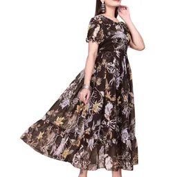 GROMint Printed Gathered or Pleated Puff Sleeve Georgette Fit & Flare Midi Dress image 5