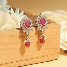 SALONI FASHION JEWELLERY GOld Plated Kundan Studded & Beaded Teardrop Shaped Drop Earrings-picture-37