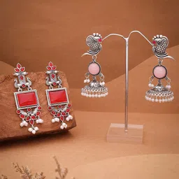 Anouk Set Of 2 Silver-Plated Artificial Stones Studded and Beaded Oxidised Dome Jhumkas-picture-16