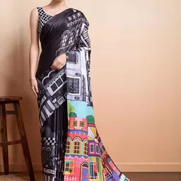 Black Digital Printed Moss Satin Saree with Unstitched Blouse Piece-image-86