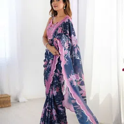 KALINI Floral Printed Scallop Mirror Work Saree image 4
