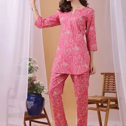 Saanjh Floral Printed Pure Cotton Tunic with Trousers Co-ords-image-51