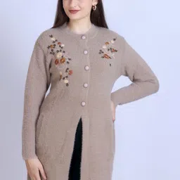 Winter Wonders Embroidered Full Sleeves Woollen Longline Cardigan-image-80